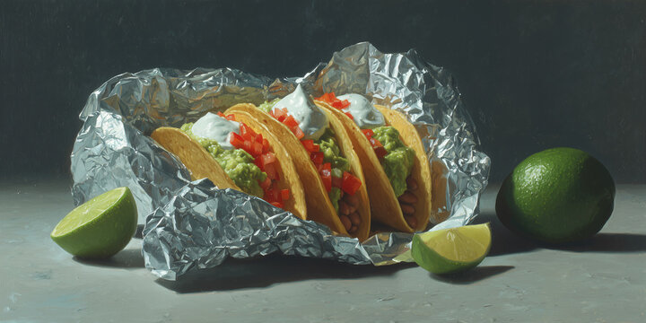 Four delicious tacos wrapped in aluminum foil, accompanied by fresh lime wedges