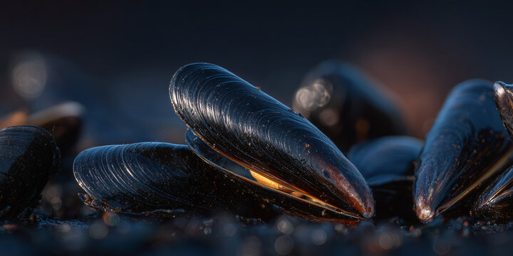 A close-up of fresh mussels, their dark shells gleaming, suggesting a delicious seafood meal