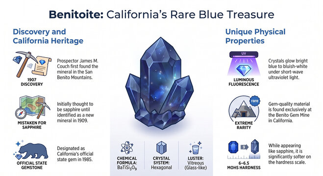 Educational infographic exploring benitoite, its crystal structure, geology, formation, properties, rarity and gemstone significance.