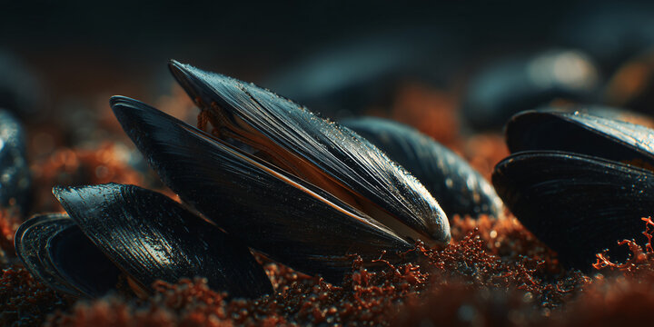 Close-up shot of several mussels, one slightly open, resting on an orange textured surface