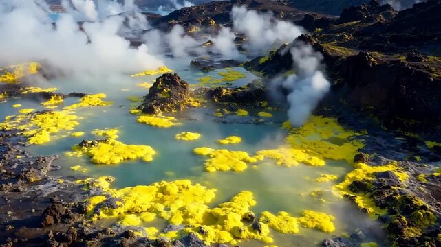 Aerial view of steaming geothermal pools with vibrant yellow microbial mats in a volcanic landscape