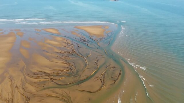 Aerial view of intricate river delta channels merging into ocean with sandy shoreline