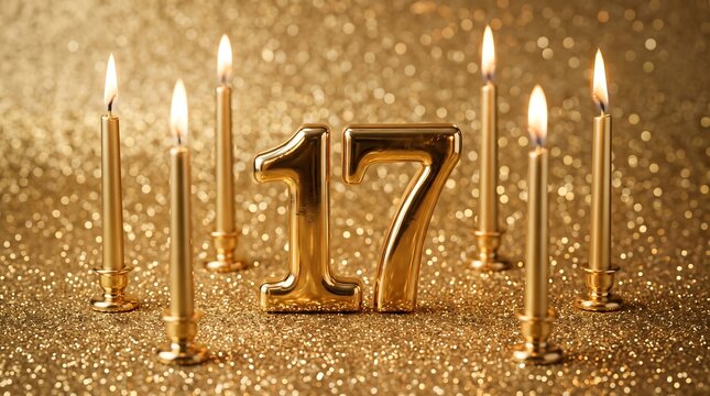 Golden number 17 surrounded by lit golden candles on a glittering gold background, creating a warm and celebratory festive atmosphere.