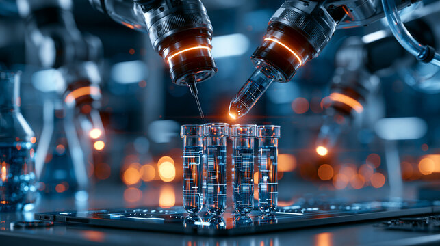 Bright modern laboratory scene with robotic arms working with test tubes and technology on a clean workstation robotic arms laboratory automation technology test tubes
