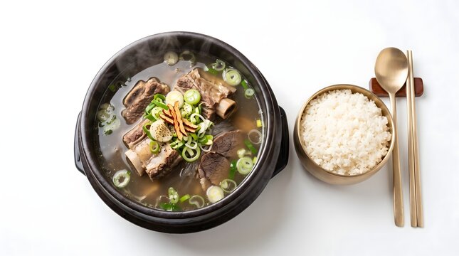 Steaming Hot Korean Galbitang Beef Rib Soup with Rice and Brass Cutlery - High Angle View