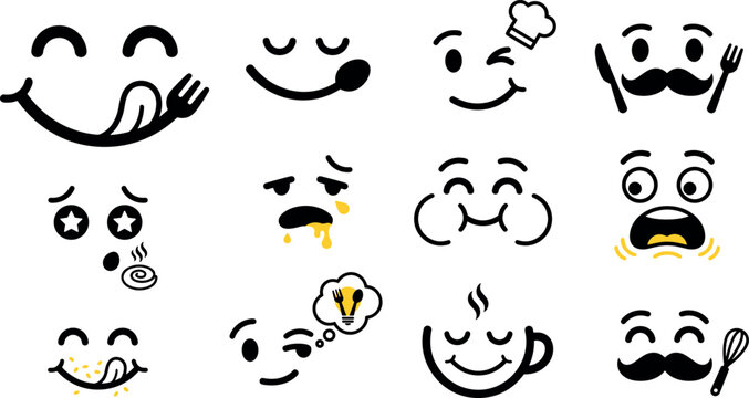 Yummy hungry emoticons vector set featuring funny chef faces food expression emojis licking lips and coffee cup
