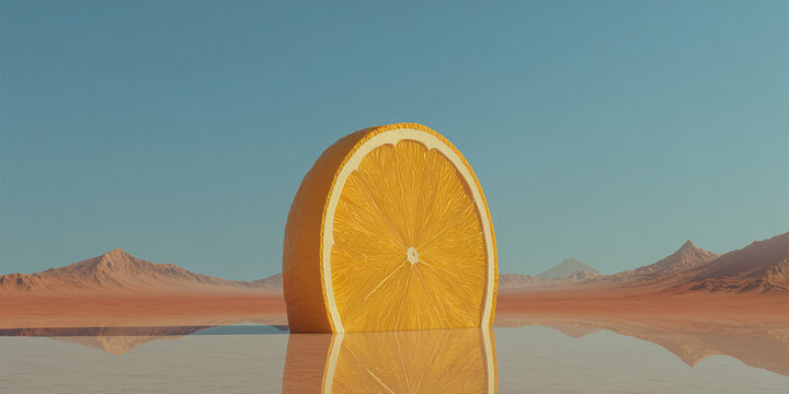 A surreal landscape featuring a giant slice of orange submerged in water, with desert mountains in the background and a clear blue sky