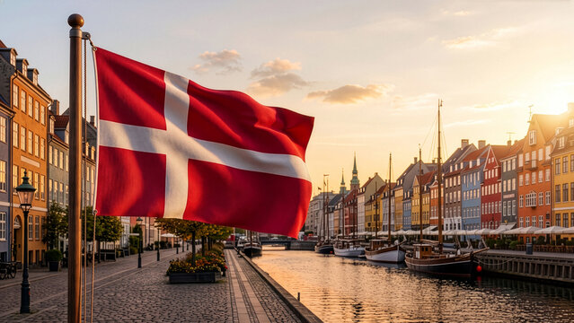 Waving Danish Flag in Nyhavn Copenhagen Denmark