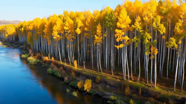 Aerial view of golden aspen trees lining a serene riverbank under clear blue sky