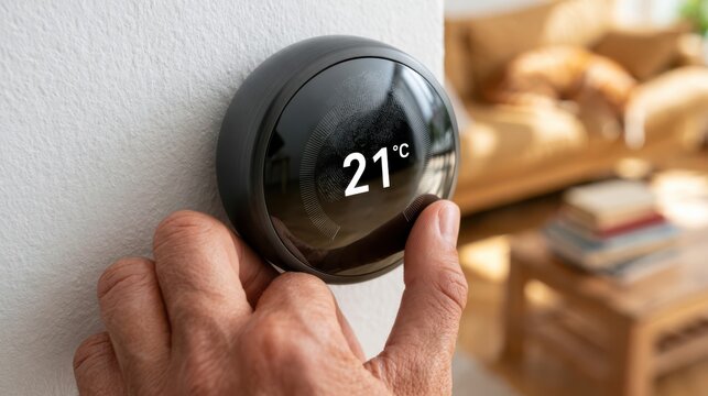 A hand adjusts a sleek, black smart thermostat displaying 21C on a white wall with a blurred living room background.
