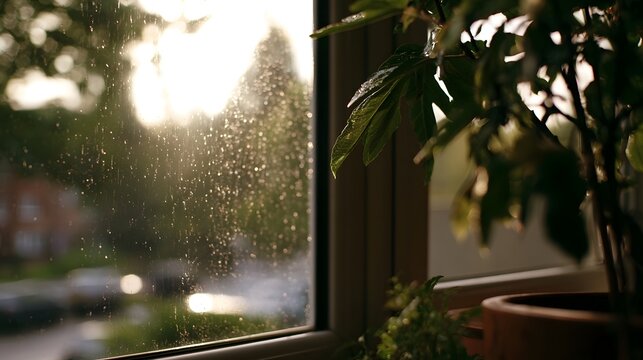 Raindrops on a glass window with sunlight filtering through  framed by green houseplant leaves