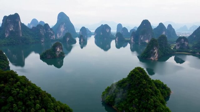 Aerial view of karst limestone formations rising from calm turquoise waters surrounded by lush greenery