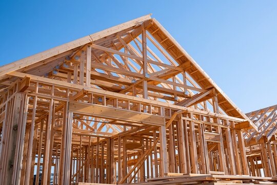 Newly constructed wooden frame house under clear blue sky. Wooden beams and rafters forming roof structure