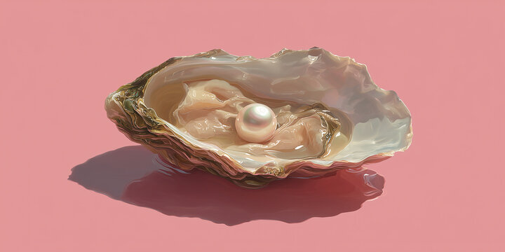 A lustrous pearl nestled inside an open oyster shell, presented on a soft pink background. The pearl gleams with an iridescent glow, symbolizing rarity and beauty