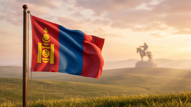 Waving Mongolian Flag with Genghis Khan Statue and Steppe Landscape