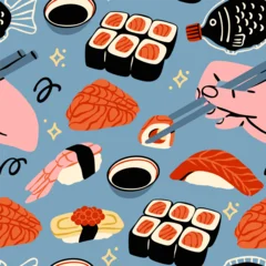 Delicious Sushi. Red fish Maki rolls, Tamago, shrimp, tuna sushi, salmon Sashimi, chopsticks, soy sauce. Japan traditional food. Hand drawn trendy Vector illustration. Square seamless Pattern © Dariia
