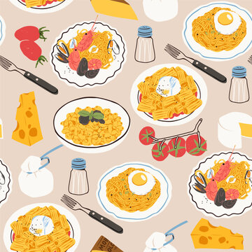 Various plates of Pasta. Different types, shapes. Pasta with egg, burrata, sea food, truffle. Hand drawn trendy Vector illustration. Cafe, restaurant menu concept. Square seamless Pattern, background