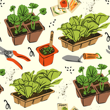 Spring Garden set. Gardening tools, sprouts, green baby plants, seedlings, seeds, containers, pots, soil. Equipment for replanting plants. Hand drawn Vector illustration. Square seamless Pattern