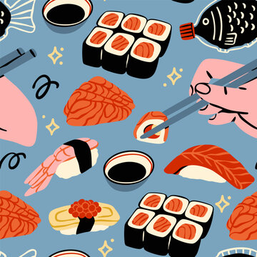 Delicious Sushi. Red fish Maki rolls, Tamago, shrimp, tuna sushi, salmon Sashimi, chopsticks, soy sauce. Japan traditional food. Hand drawn trendy Vector illustration. Square seamless Pattern