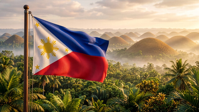 Waving Philippines Flag with Chocolate Hills Landscape in Bohol