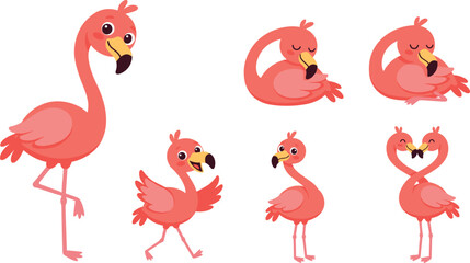 Obraz premium Cute Cartoon Flamingo Characters Set with Happy Pink Tropical Bird Poses for Summer Beach Party Invitations, Stickers, Nursery Wallpaper, and Kids Graphic Designs
