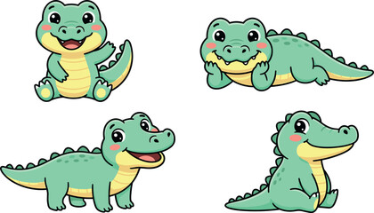 Naklejka premium Cute Cartoon Baby Crocodile Characters Set with Friendly Little Alligator Poses for Swamp Theme Birthday Cards, Nursery Decor, and Kids Graphic Designs