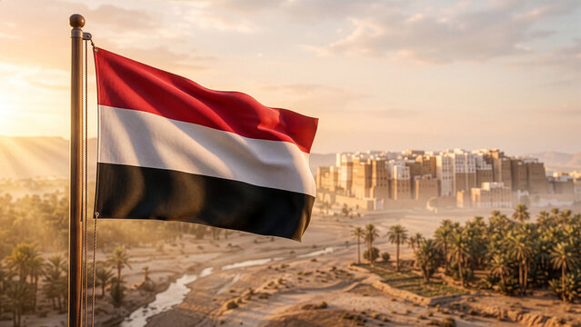 Waving Yemen Flag with Shibam Historic Mud Brick City Skyline