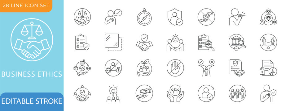 Business Ethics Line Icon Set.Compliance,Integrity,Core Values,and Whistleblower.Editable Stroke Vector Illustration.