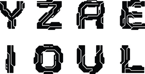 Set of futuristic sci-fi typography letters in black silhouette style for digital design concepts. © Anamul Arafat