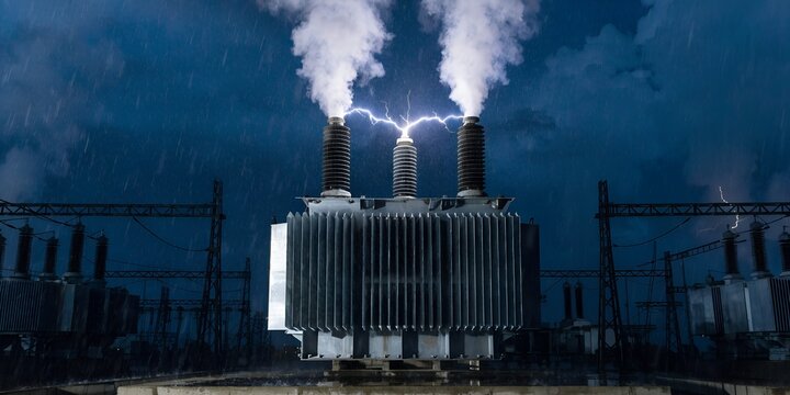 High Voltage Power Transformer With A Bright Electrical Arc Flash And Rising Steam At An Electrical Substation During A Stormy Rainy Night For Energy Grid Infrastructure