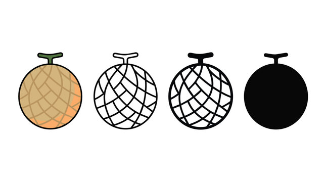 Melon, cantaloupe and fruit icon set for healthy food market, grocery store and organic product label. Sweet dessert, fresh honeydew and Japanese muskmelon for menu design, farm shop and harvests