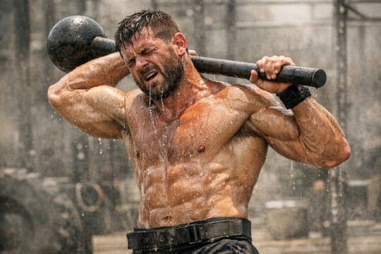 A man holds a baseball bat in the rain, no shirt on