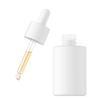 Open dropper bottle with pipette mockup. 3D hight realistic vector illustration isolated on white background. Scalable and editable without lose quality. Ready layered template for your design. EPS10.