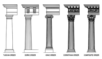 Obraz premium Classical column line art vector set with ancient Greek and Roman architectural orders blueprint icons