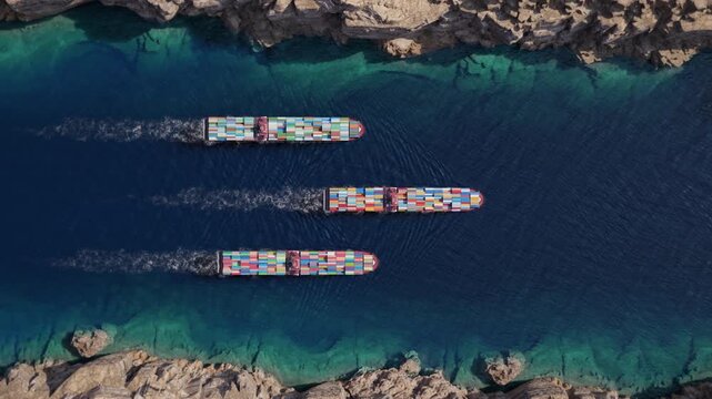 Three container ships crossing narrow rocky coastal strait