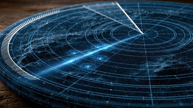 A detailed, futuristic star map or celestial navigation chart with concentric circles and grid lines, showing stars and space objects on a dark blue background.