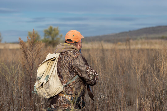 A hunter with a gun in camouflage clothing. A gentleman with a gun, medium shot, unrecognizable.