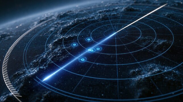 A futuristic digital radar screen displays a glowing sweep and multiple detected points over a dark, grid-like map background.