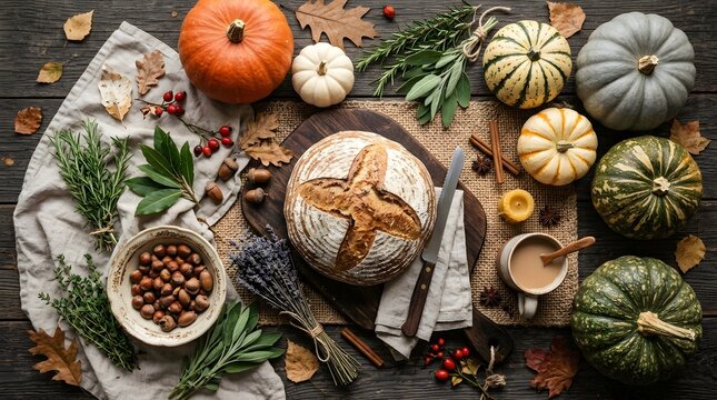 Freshly baked sourdough bread surrounded by colorful pumpkins and autumn harvest ingredients on a rustic wooden table background