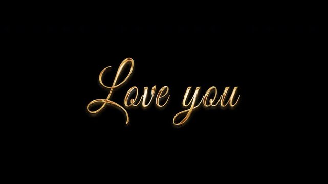 Love You golden shine light motion text with glitch effect animation cinematic title on black abstract background.  isolated  QuickTime Alpha Channe proress 444