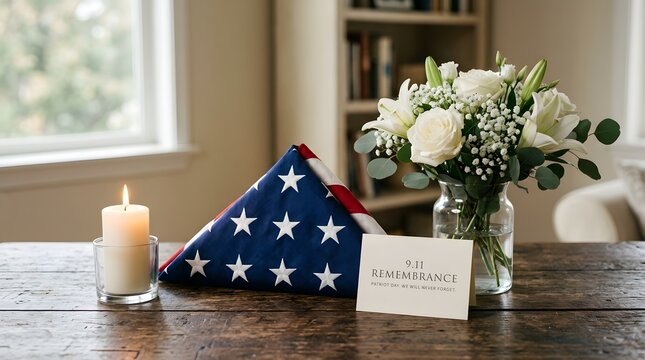 A folded american flag with a lit candle and white flowers on a wooden table for a memorial service