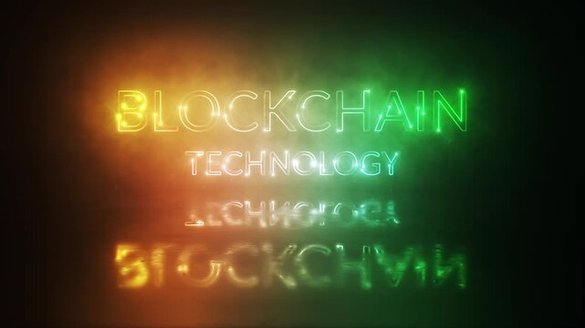 Animation text of Blockchain Technology laser neon glitch text effect cinematic title on black abstract backgroud.