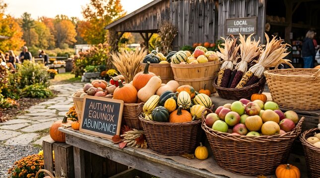 Rustic farm stand displaying fresh autumn harvest vegetables and pumpkins in baskets at a rural countryside market