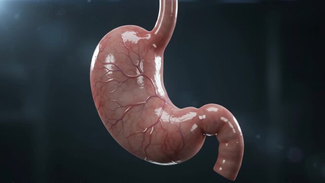 Realistic 3d model of human stomach rotating on dark background