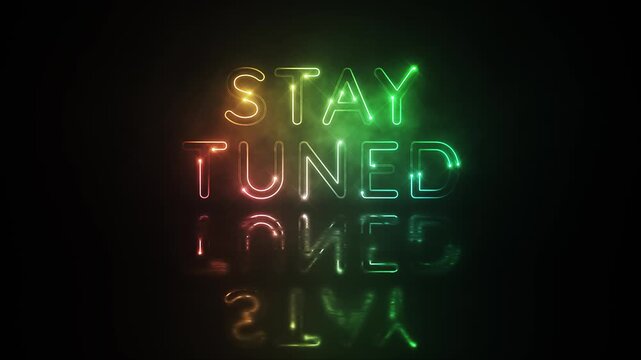 Animation text of Staytuned laser neon glitch text effect cinematic title on black abstract backgroud.