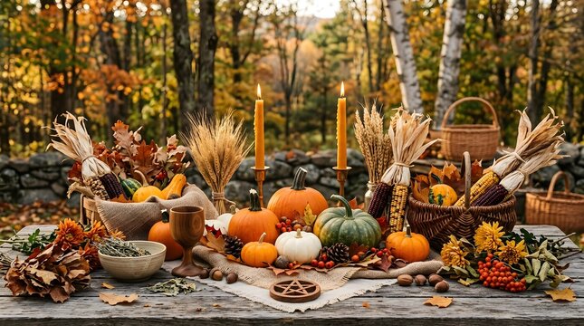 Festive autumn table setting with pumpkins candles and fall foliage decorations in a rustic outdoor forest background