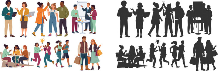 Obraz premium People Interaction Character Collection with Teamwork Meeting Shopping and Social Activities Silhouette Vector Set