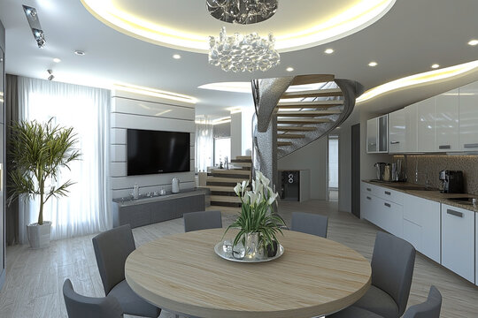Modern open plan kitchen and living room with dining area in bright home