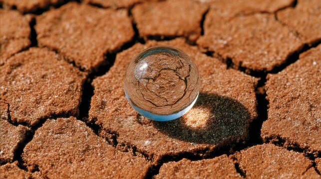 A clear glass sphere rests on dry, cracked earth, reflecting the parched landscape in sharp detail under bright sunlight.