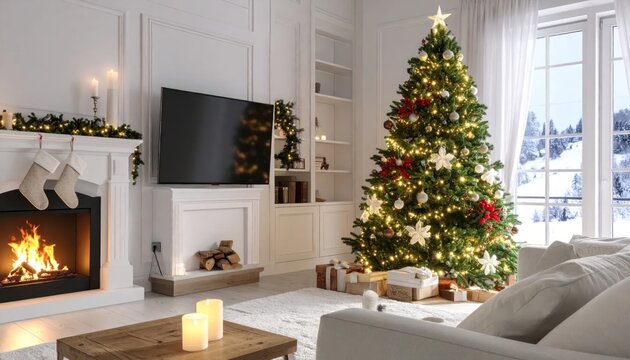 Cozy Christmas Living Room with Fireplace and Decorated Tree.